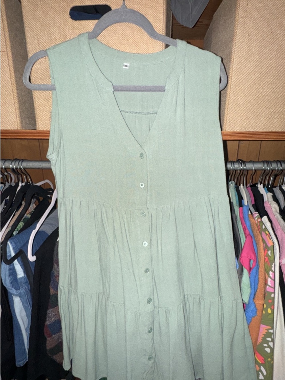 Sleeveless Sage Button-Front Tiered Dress